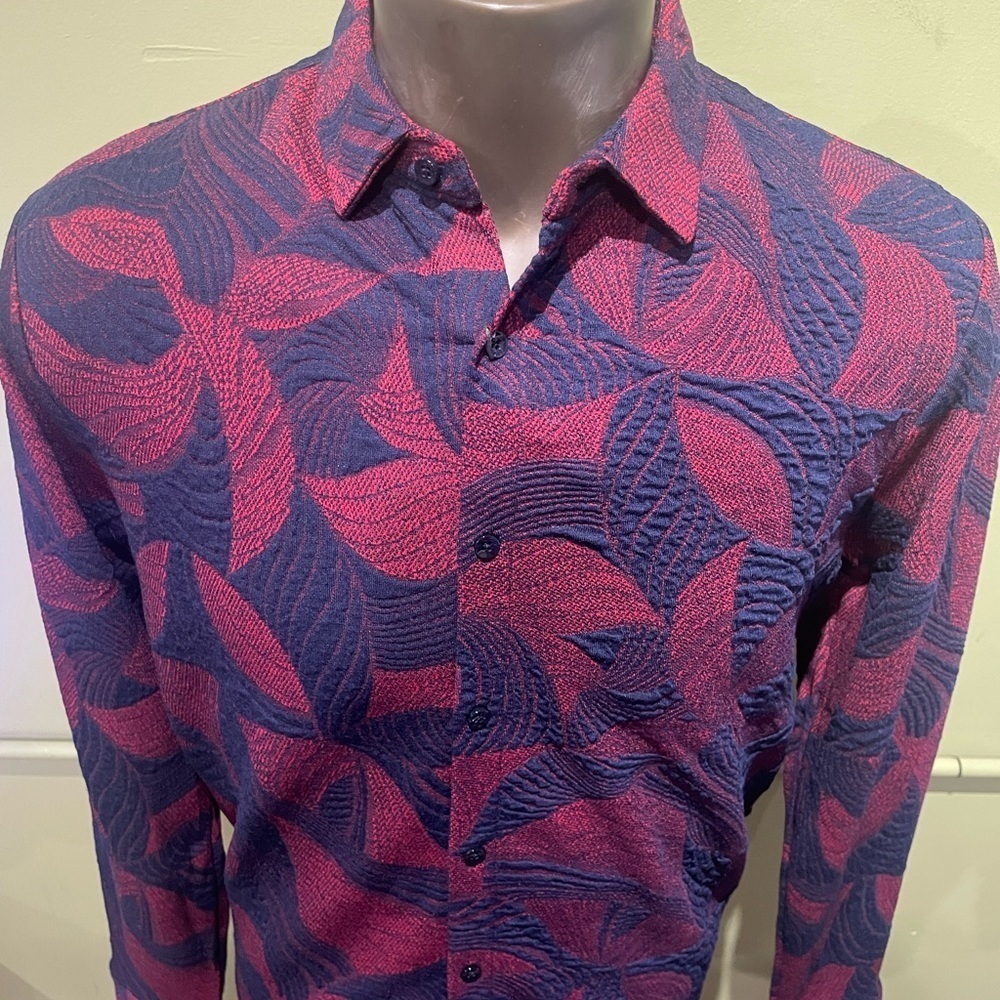 Deniko Men's Red and Blue Patterned Shirt button front stretchy floral - Picture 4 of 4